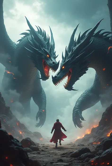 Make me an image with 2 dragons fighting and that I come out from the front looking at the camera