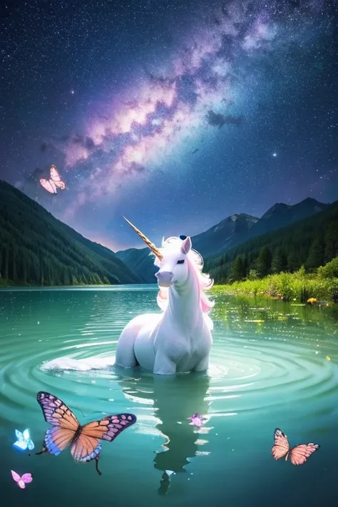  unicorn、 imaginary、lake、 starry sky 、Sparkling butterflies are dancing