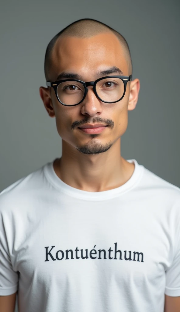  white t-shirt of a Thai man.,, 38 years old  , , bald, skinhead , Put on round glasses ,Thin lips, The face is very handsome., with a thin mustache , on the T-shirt. There is the word "Kontuenthum "model,detail,