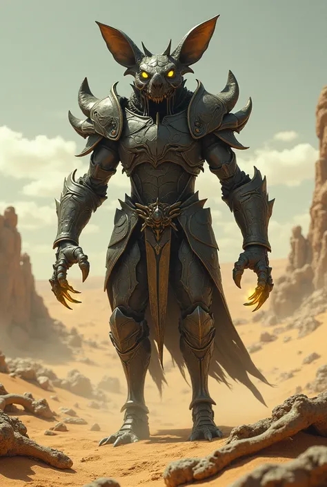 A combination of a scorpion, a jackal, and a cursed knight. Its body is covered in cracked, obsidian-like armor, and its claws emit a golden, ghostly glow.
Background: A vast, arid desert littered with the remnants of a forgotten civilization—cracked statu...