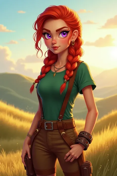  The character is a woman with bright red ,  braided hair .   with purple eyes .  Her outfit consists of a green ,  short sleeve shirt ,  brown pants with suspenders and sturdy brown boots.  The background shows a peaceful ,  sunny landscape with hills The...