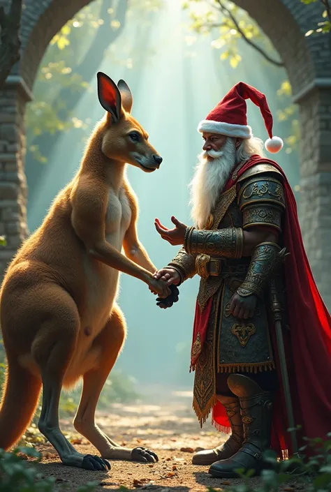 Kangaroo God with warrior Santa Claus greeting 