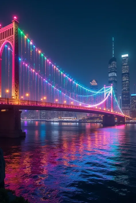 The bridge is illuminated in the colors of the rainbow, Night City