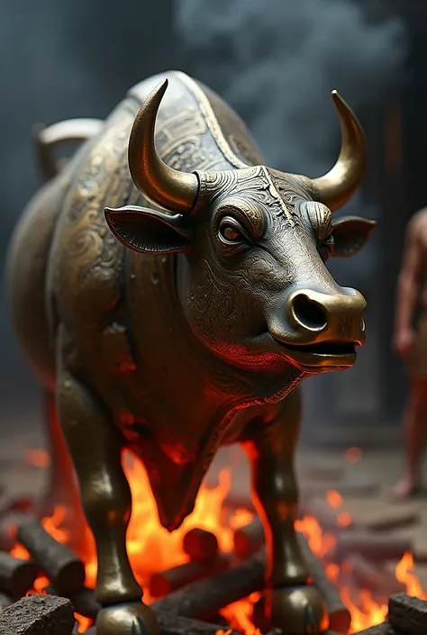 

""A close-up of the Brazen Bull, emphasizing the intricate craftsmanship of the metallic sculpture. The bull is polished and ornate, with glowing red-hot flames visible through gaps in its body. Smoke rises from the nostrils, and in the background, the e...