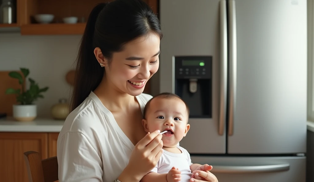 Create a realistic photo of a Thai woman, a 30-year-old mother feeding her 10-month-old baby sitting in a chair, holding a spoon, smiling happily, in the kitchen with a large refrigerator in the back.