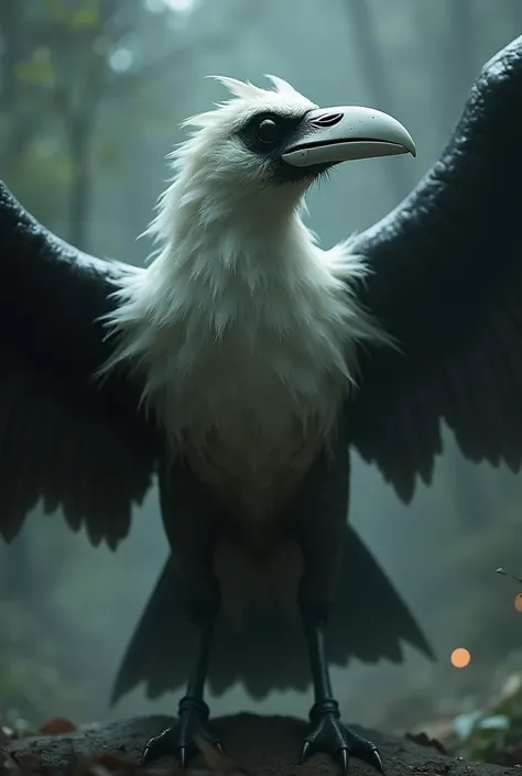  A sinister crow with a pale body , Raven wings,  a beak of plague mask and sharp claws. With a white leather beak and black eyes 
