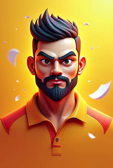 generate a logo of 3d  virat kohli  and add yellow plus orange color background and some white dot in the background