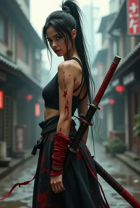 Create a female samurai , tight-fitting dress,  your costume must refer to someone corrupted, It should look like Marvels Elektra