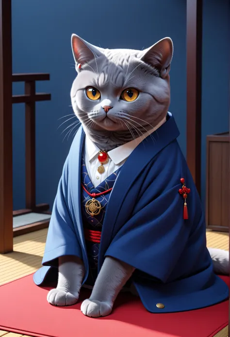  sitting cat
Cat breed ： British Shorthair
Coat color and pattern ： Dark Blue Grey
Costume ：Red and blue half 々
Physical Characteristics ： big ears and 、 Slightly sharp eyesight
Accessories ： earrings-style blue small earrings
Props ：A sword that shines bl...