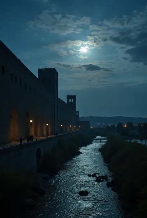 IMG_7875.CR2, cinematic shot of Ancient City Ruins, At night, moonlight falls on an ancient city wall, and the arrow towers and watchtowers on the wall appear particularly magnificent under the moonlight. At the foot of the city wall, a small river flows q...