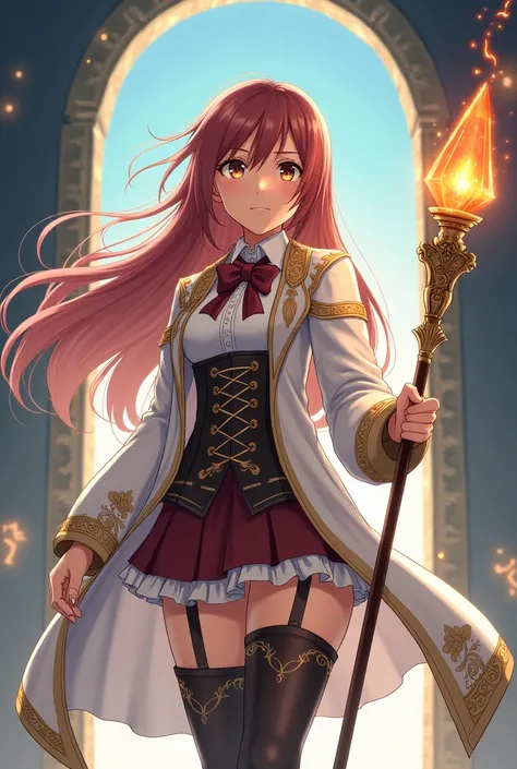 "A Japanese light novel-style illustration featuring a young female protagonist named Clara. She has long reddish-brown hair flowing freely, bright brown eyes full of determination, and a calm yet confident expression. She is dressed in a white robe with i...