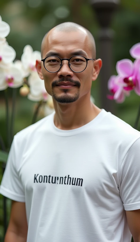  white t-shirt of a Asian man.,, 30 years old  , , bald, skinhead , Put on round glasses ,Thin lips, The face is very handsome., with a thin mustache , on the T-shirt. There is the word "Kontuenthum "model,detail, background is orchid garden,ผลงานชิ้นเอก, ...