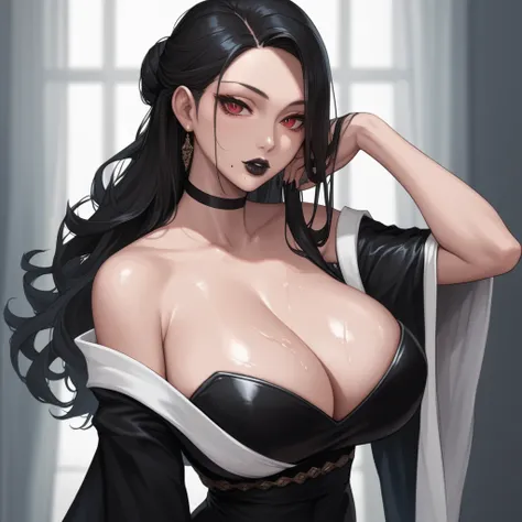 , huge breasts,score_9, score_8_up, score_7_up, score_6_up, source_anime, huge breasts, oiled, lipstick, natural make-up, motion, milf,long hair,updo hair,black lipstick,mole under mouth, black lipstick,1girl, black hair, red eyes, black lips, black nails,...