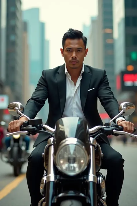 A handsome Indonesian man riding the most expensive motorcycle in the world wearing a white shirt wearing a black suit in Hong Kong looks gamb