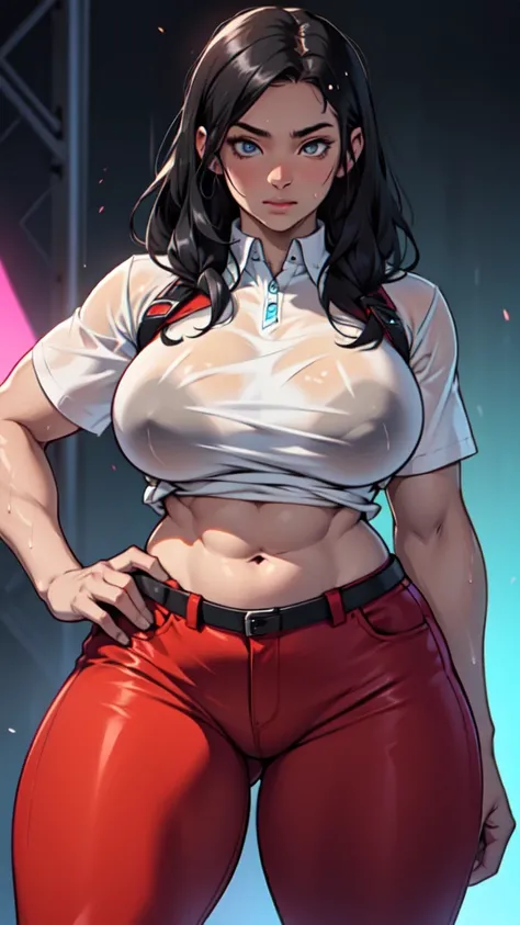 ((1 girl)),  long straight hair , light skin,  black hair, Shy, beautiful eyes, muscular, giant breasts, abdomen, sexy,  thick thighs , with tight shirt and slightly wet tight pants, ((dynamic background))