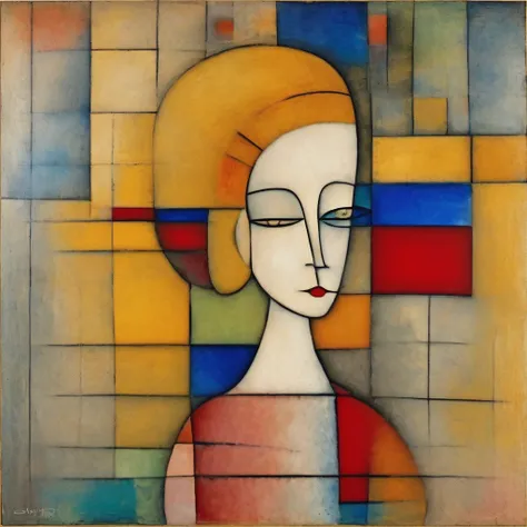 Portrait of Paul Klees touch, one girl, simple and innocent like sense of color, irrational balance, fusion of abstract art and symbolism, expression of inner thoughts, crepas painting, blur, top quality, high quality, detail, masterpiece