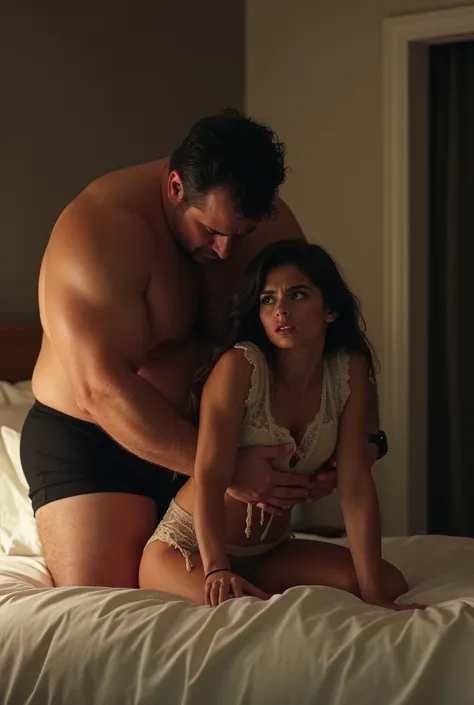 Scene:  girl and man in a hotel .  Girl is called Almudena ,  is  ,  measures 1 ,55, beautiful, Sweet.  He wears an open silk blouse and underneath a set of lace lingerie. Mans name is Pablo , He is 55 years old,  is very big and very strong . He wears a b...