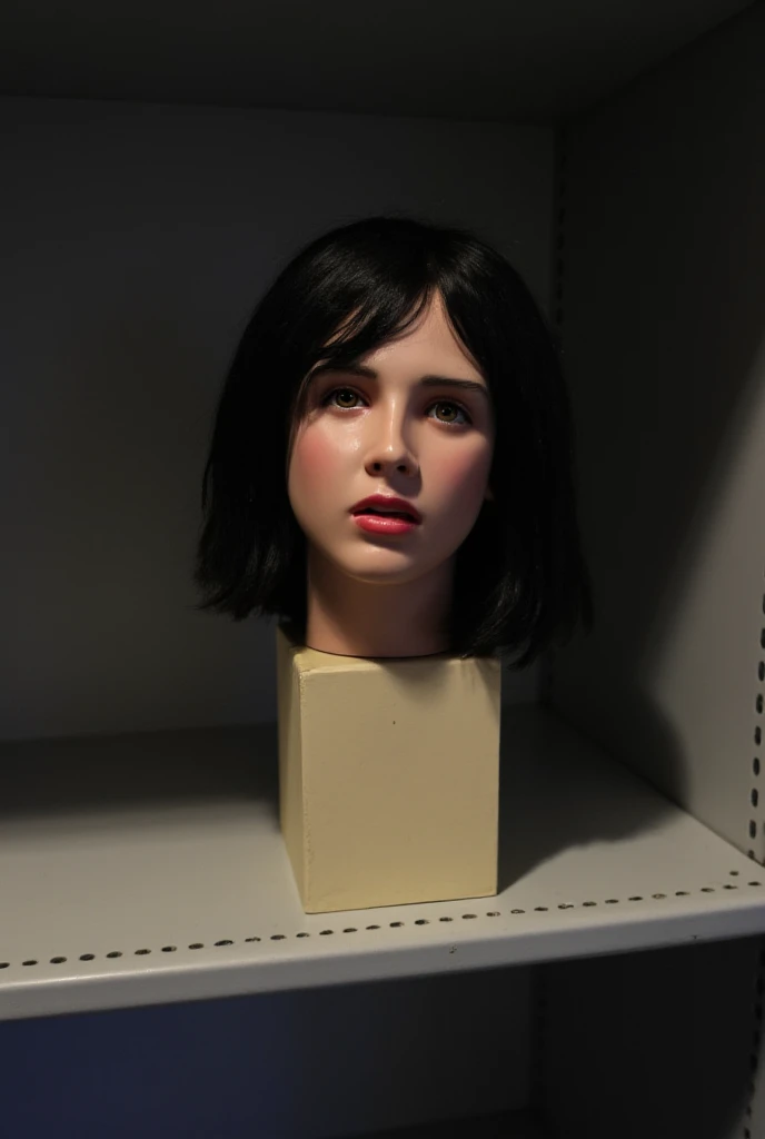 Photo of pretty 25 year old womans disembodied head mounted on top of a simple pedestal. Black, medium length hair. Upset facial expression. Pedestal is sitting in a shelf. 