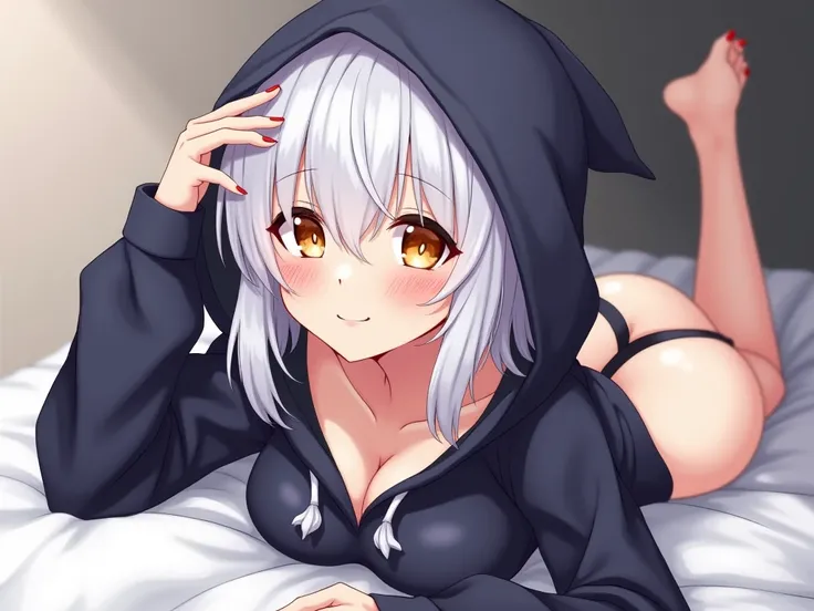 generate me an image of sexy anime girl with white hair and dark black blue hoodie with big boobs with orange eyes with milk on her face covering her face with a blush smirk looking at the viewer while laying on the bed curling while wearing a sexy outfit