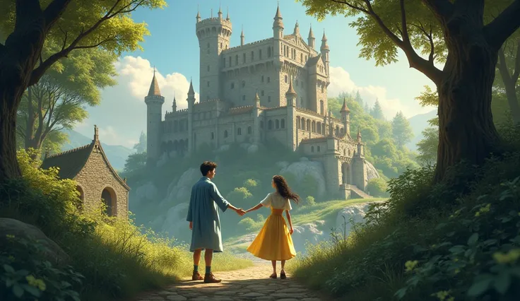  Gold Lover and Blue in front of an old castle,  they look around before entering the castle . Other, must be in an ancient and mystical appearance ; Draw realistic in animation style .