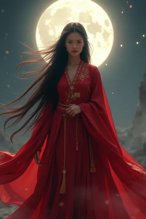 Asian priestess with brown skin and long hair wearing a red robe that covers her powerful and magical head under the moon 