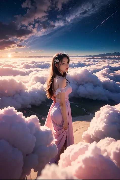 heaven、Big Crescent Moon、 night, starry sky, sparkling, white clouds fairyland, dreamy romantic, dreamy atmosphere and drama, very magical and dreamy, dreamy scene, heaven pink, on the clouds, the sky is pink, heaven, white clouds fairyland, fantastic and ...