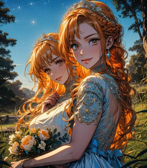 (masterpiece, best quality, 4K, 8k,   high definition  , 最高masterpiece:1.2),  super detailed, (Realistic, photoRealistic, photo-Realistic:1.37),   Pale Orange Hair  ,  dress, pale orange hair hidden in thick grass ,(Beautiful hairstyle,Braid 1 .3), tiara ,...