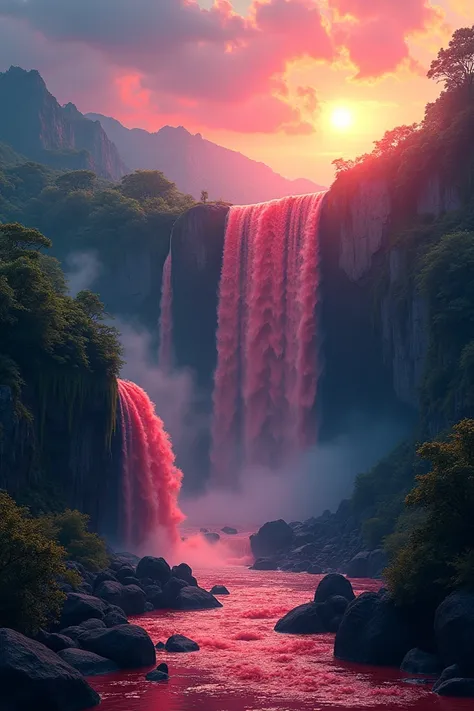 The video is a beautiful landscape of a waterfall. The waterfall is in the center of the video , with multiple cascades of water cascading down a rocky cliff. The water is a deep red color, and the rocks are covered in greenery. The sky is a mix of blue an...