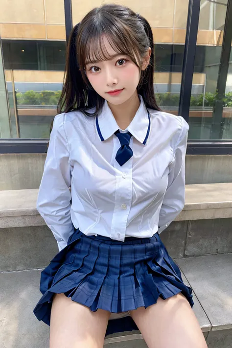  best quality、 high definition 、 Masterpiece、Beauty、 school uniform、 Long Sleeve 、 collared shirt、 pleated skirt、 sitting open-legged、 the whole body in super detail、 firm boobs that pull the string, nsfw