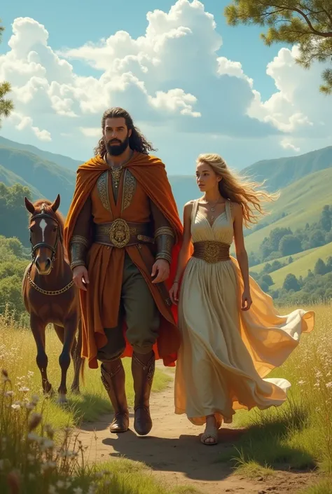 A 26years old, tough, very beautiful, calm an brave, 180cm tall, with black long hairs till to the ears, and straight bread, wearing capucino color royal prince clothes, walking on feet together on a very beautiful, landscape, with his princess, the prince...