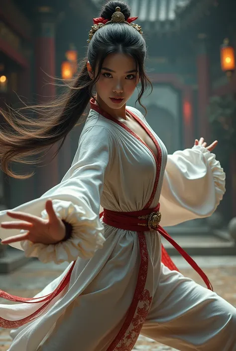  Create a female character of Chinese origin as well as her costumes and must fight martial arts, especially the art of the white tiger , your costume should be tight to the body but still look like a Chinese costume 