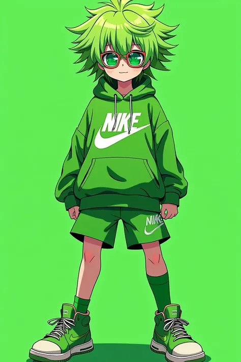 Messy green anime hair,green Nike clothes,white skined,shaded green glasses 