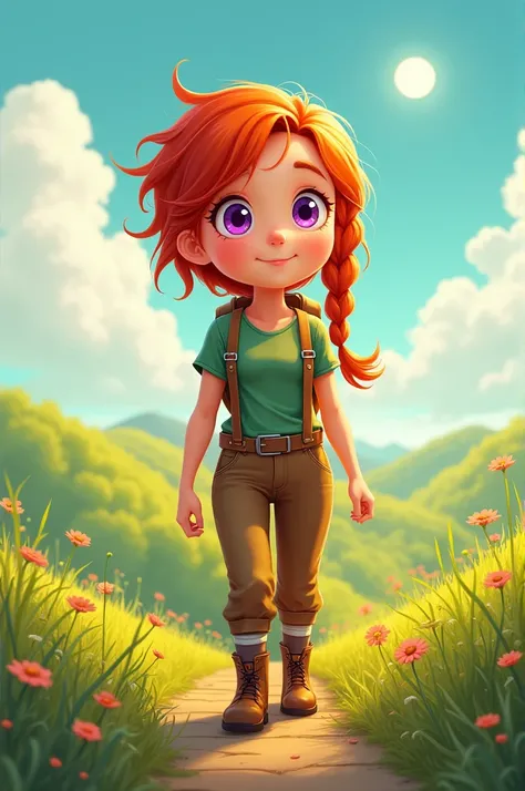 The character is a woman with red ,  braided hair . She has a round ,   face with big purple eyes .  Her outfit consists of a green ,  short sleeve shirt ,  brown pants with suspenders and sturdy brown boots.  The background shows a peaceful ,  sunny lands...