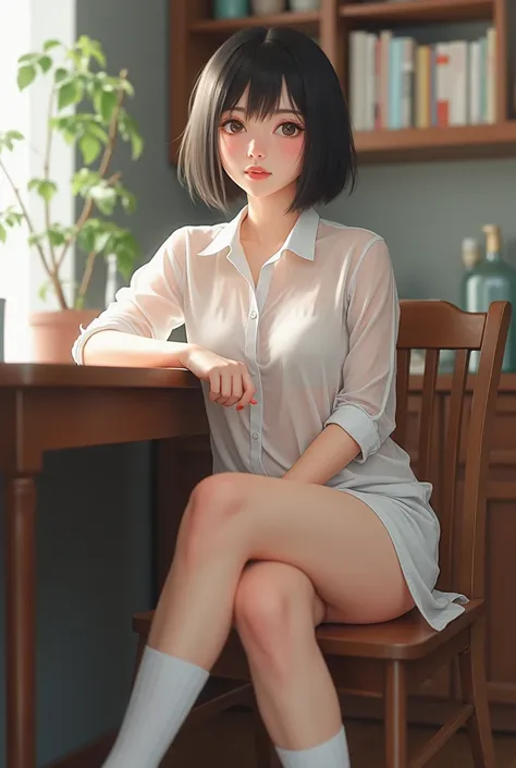 transparent white shirt without bra ,  skirt,   white socks  ,   Sitting at a table with legs open  、 naked、Leg spread、 whole body