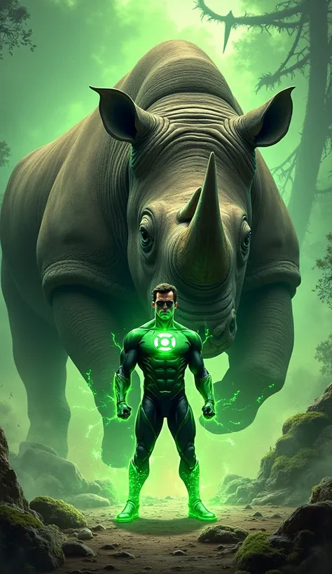 DC Green Lantern Superhero looking at a rhinoceros