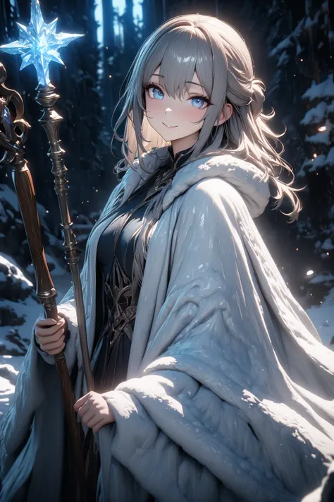 (best quality, masterpiece, 8K:1.3), ultra detailed, unreal engine, soft lighting, A gaze that captivates the viewer, perfect face, detailed beautiful face and eyes, medium length hair, half updo, smile, wearing a celestial robe, she held a staff in his ha...