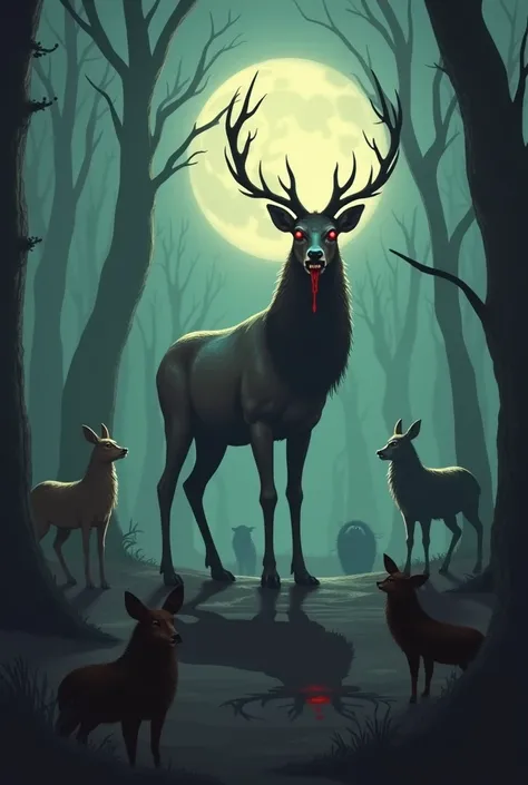  A surreal scene in a gloomy forest During a full moon :  A seemingly harmless deer with majestic antlers stands a Glade .  His appearance is transformed ,  revealing his cruel , true nature .  His eyes glow in an eerie red ,  and his teeth become sharp an...