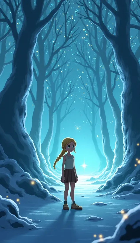 Animated image : "A mystical forest of glowing ice trees with twisting, crystalline branches. A faint blue light radiates through the frosted glade, where the fallen star lies in the distance. The air sparkles with magic, and a young girl with a golden bra...