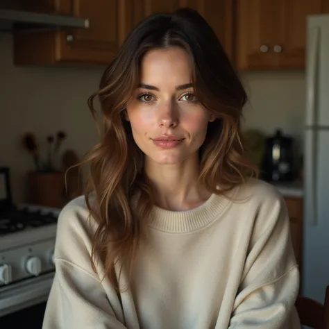  Beautiful girl ,  European appearance , in a sweatshirt to the neck , photo to the waist, kitchen against 