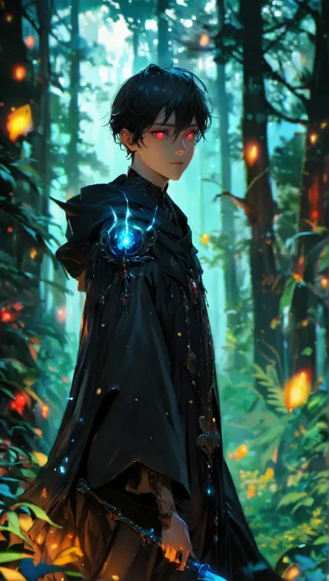 A slender, 55" human wizard in his 20s with black hair and glowing red eyes stands in an enchanted forest at dusk. He wears a black magical robe with glowing blue accents, while holding a luminous staff in one hand. The scene is illuminated by small magica...