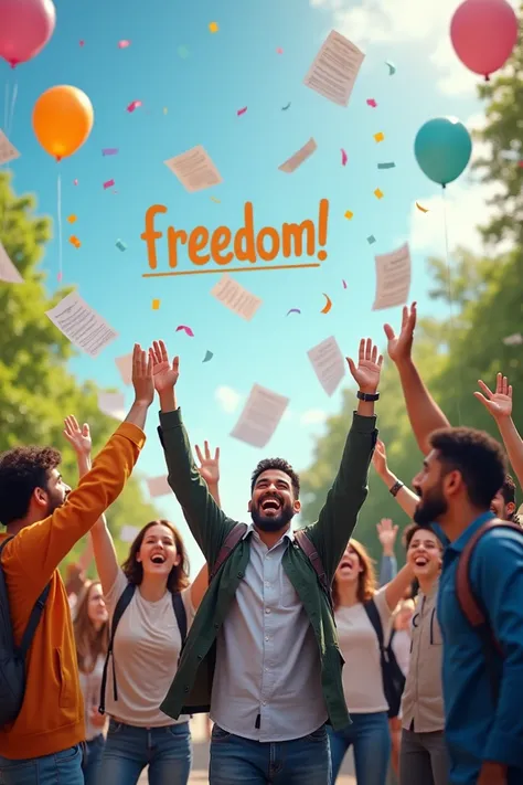 The photo captures a lively celebration of students after finishing their exams. In the foreground, they joyfully throw their exam papers into the air, high-fiving and hugging each other. The backdrop features a sunny day with blue skies and green trees, e...