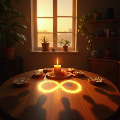 Create an image that represents an urban spiritual ritual of renewal and manifestation. The scene should be in a cozy office, with a warm and spiritual atmosphere. Show a window in the background, letting in the soft light of a sunrise or sunset, which ill...