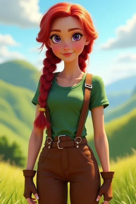 The game character is a realistic attractive woman with red,  braided hair . She has a round ,   face with big purple eyes .  Her outfit consists of a green , short-sleeved strip-free shirt,  brown pants with suspenders and sturdy brown boots.  The backgro...