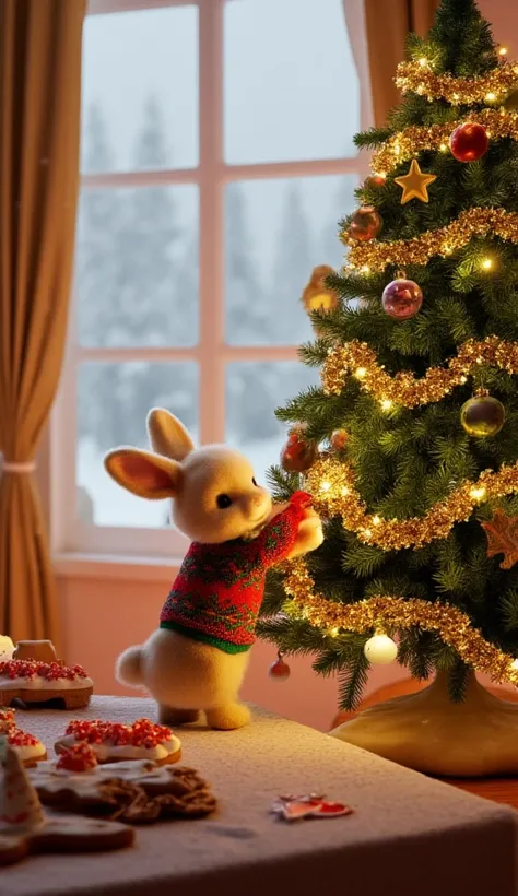 A fluffy bunny, wearing a tiny red and green Christmas sweater with a jolly snowman on it, stands on its hind legs, holding a sparkling ornament. Its tiny paws are gently placing the ornament on the Christmas tree. The tree is tall, adorned with shimmering...