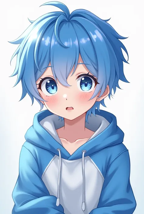 Blue and white hair,short,blue eyes,blue and white hoodie,boy