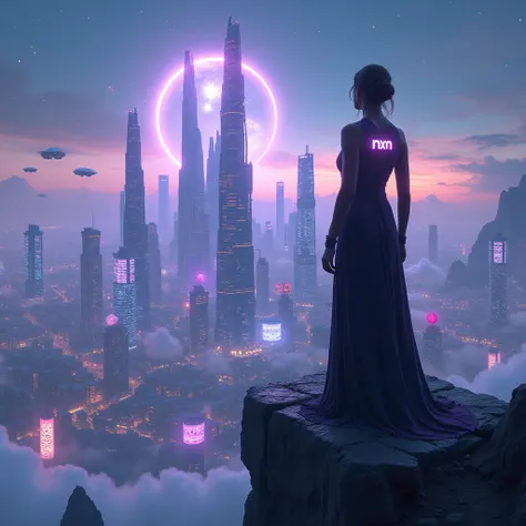 Futuristic city with glowing skyscrapers, floating buildings, and advanced technology like flying cars and holograms. A women wearing dark colthes long dress like a witch no face showing in his back the logo of nxm is standing on a cliff or rooftop, gazing...