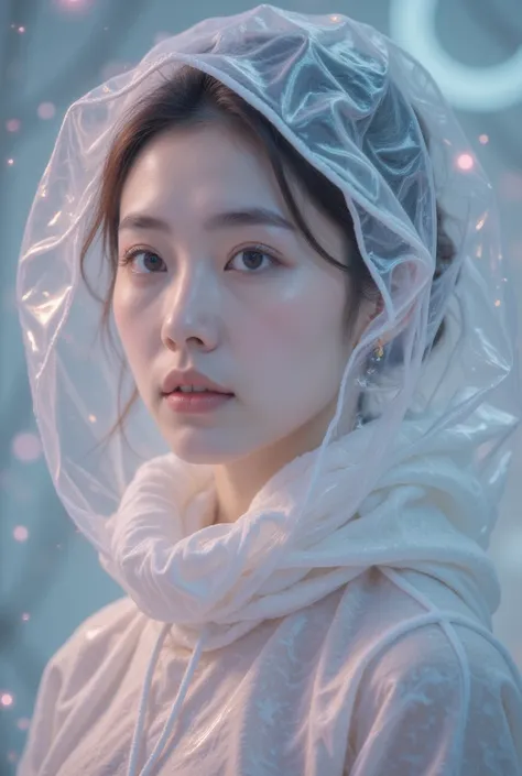 masterpiece,   is the best quality , Realistic,   young woman  ,   wearing a futuristic transparent plastic hood, reflective cape , Soft and serene expression,   slightly droopy eyes  , pale,   Subtle pink and blue light reflection on clothing  ,   The mat...