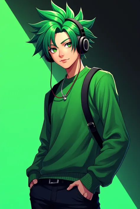 Image of 2d medium high school teen guy in photo and stylish two-fingered green hair,green eyes,wear headset , green sweater shirt ,black pants, half black green 