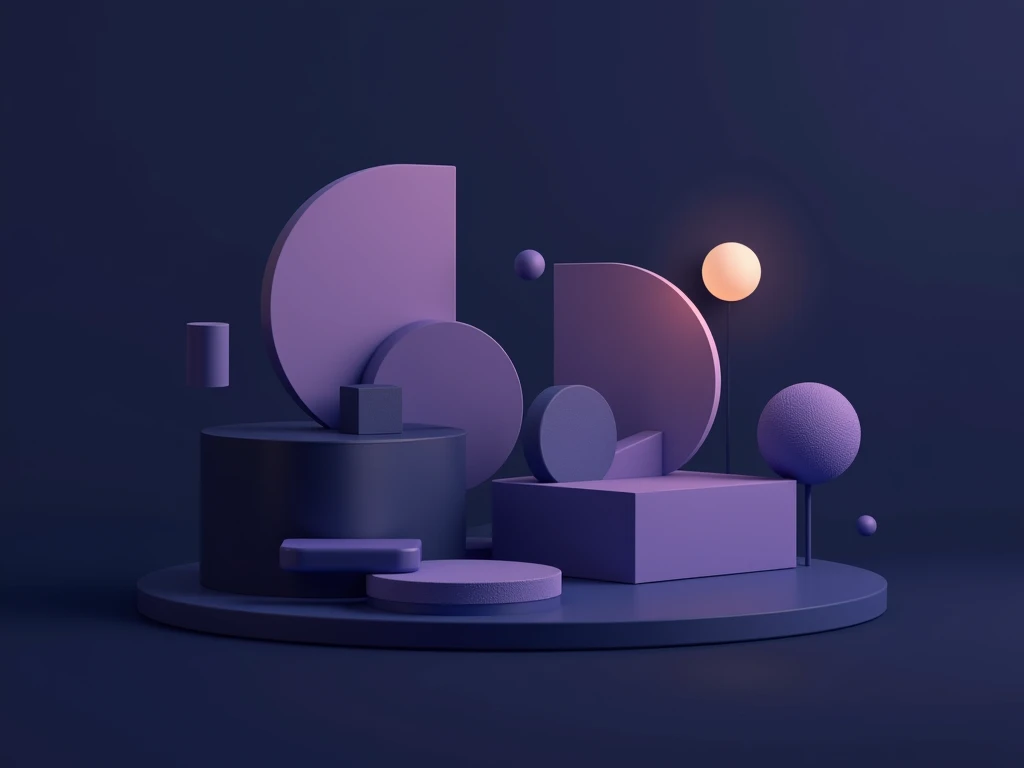 generate me an image for a wallpaper of shapes with a solid color of background for a desktop wallpaper with purple and dark black blue cold colors with a minimal illustrated design