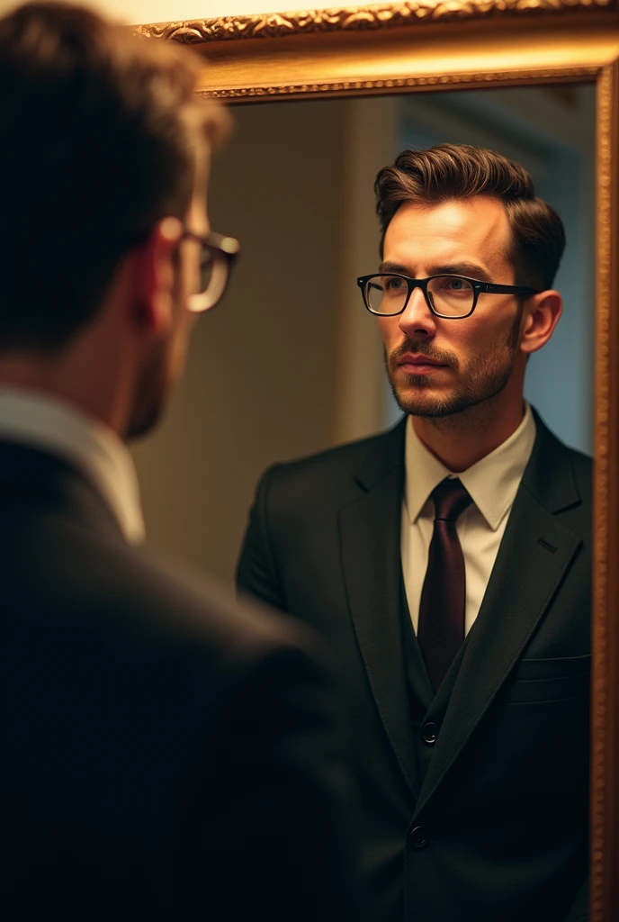  Man looking in the mirror , this man is a loser , no  he has confidence in himself  y es feo,  his face is not symmetrical and he wears glasses and his clothes are disheveled. The reflection in the mirror of this man is handsome ,  he has confidence in hi...